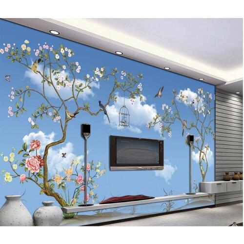 Custom 3d wallpaper Blue sky and white clouds tree bird customized wallpaper for walls mural 3d wallpaper