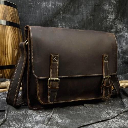 Vintage Genuine Leather Men Shoulder Bags Real Crazy Horse Leather Big Laptop Briefcase A4 Messenger Bag Brown Casual Work Bag