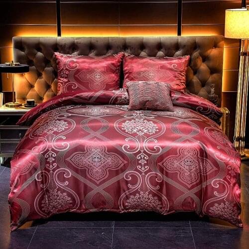 Luxury beddings jacquard soft satin silky bedding down cover pillowcase set with zipper seal, wine red, medium size double bed