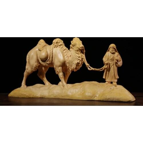 Boxwood 19cm Camel Sculpture Wood Carving Desert Journey Statue Silk Road Home Decor
