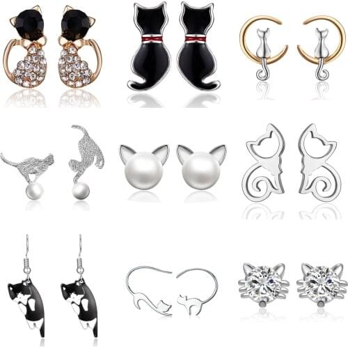 New Cute Mini Rhinestone Kitten Stud Earrings For Women Children Simple Cartoon Animal Cat Ear Stud Girls Jewelry Accessories