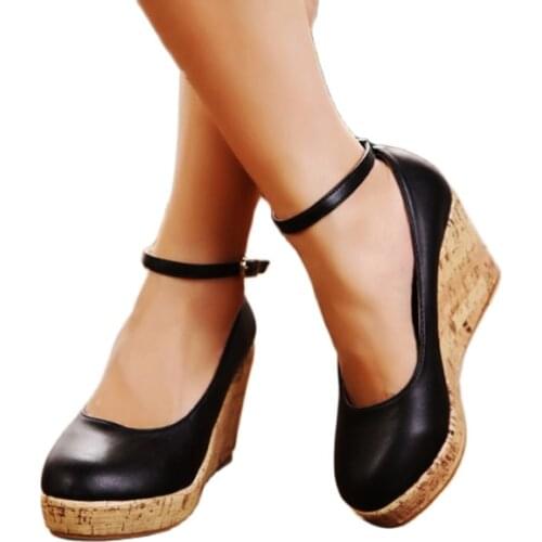 LIHUAMAO women wedges platform round toe ankle strap pumps high heel wedding party comfortbale casual retro lady shoes