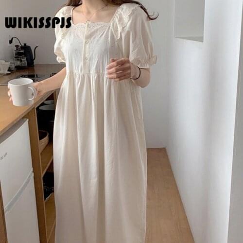 WIKISSPJS 2021 Sweet Girl Simple Style Sleeping Dress Summer New Korean Loose Medium Long Home Clothes Night Wear Sleepwear