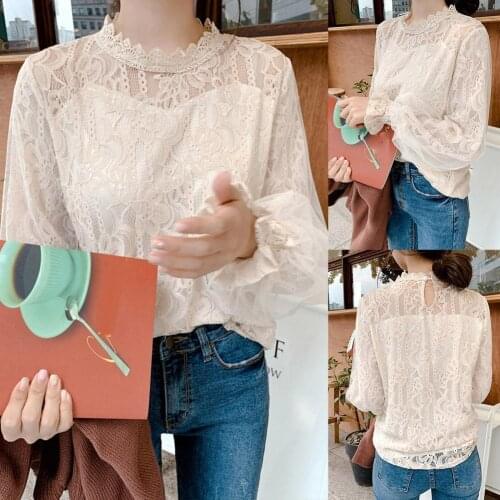 Elegant Women Blouses Floral Lace Brim Hollow Out Puff Long Sleeve Blouses Shirts Women Blouse Shirt Blusas Feminina Tops White