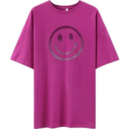 2021 Summer Cotton Oversize Long T Shirt For Dress Women Fashion Slit Tshirt Short Sleeve Diamond Tee Shirt Loose Tops White