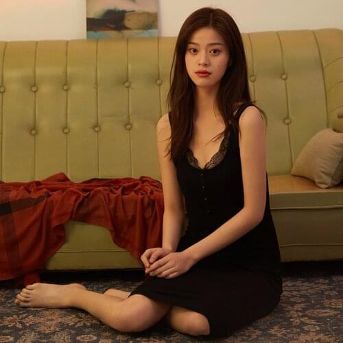 Women Summer Sleeping Skirt Modal Lace Stitching Sexy Backless Nightgowns Solid-colored Body Slim Midi-length Sling Night Dress