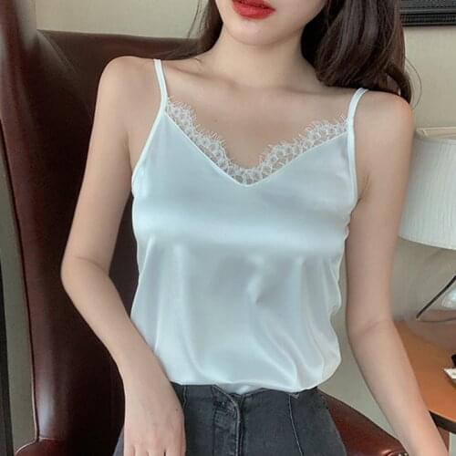 Plus Size Spaghetti Lace Strap Top Women Halter V Neck Basic Cami Sleeveless Lace Satin Silk Tank Tops Women Summer Camisole New