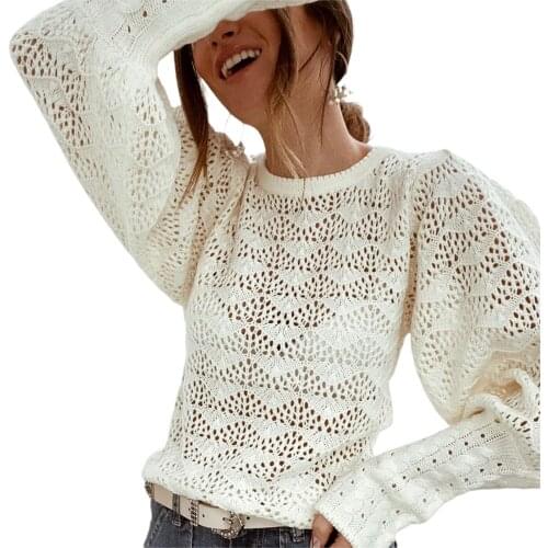 Women Loose Style Sweater Beige Solid Color Round Collar Balloon Sleeves Knitwear, S/ M/ L/ XL