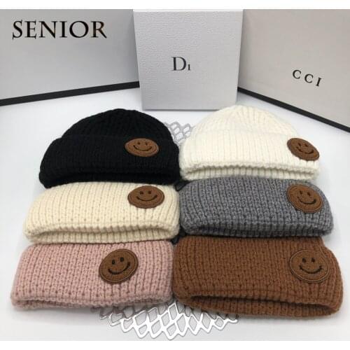 Winter Version of Thick Warm Wool Knitted Hat for Men Women with Lamb Hair Smiley Face Embroidery Casual Couple Hat Men Beanie
