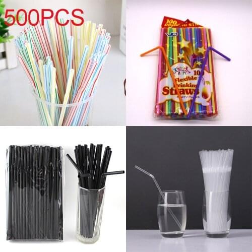 500pcs 21cm Black White Multicolor Disposable Plastic Curved Drinking Straws Birthday Party Bar Cocktail Juice Drink Accessories