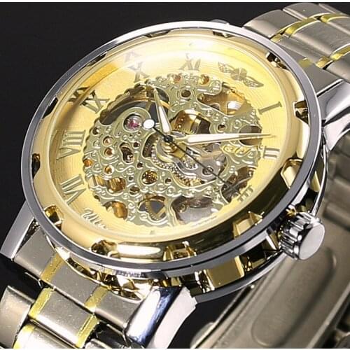 WINNER Gold Men Skeleton Mechanical Watch Stainess Steel Steel Hand Wind Watches Transparent Steampunk Montre Homme Wristwatch