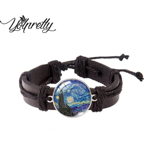 Lace up Leather Bracelet Van Gohn Starry Night Sunflower Pattern Glass Cabochon Dome Charm Pendants Men Bracelet Jewelry