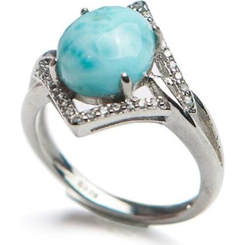 Genuine Natural Larimar Crystal Round Stone Beads Anniversary Stering Sliver Ring 8*10mm