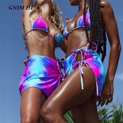 GNIM Three Pieces Swimsuit Women Bandage Bikini Set 2020 Sexy Triangle Micro Swimwear High Cut Beachwear Swim Bather Suit Women