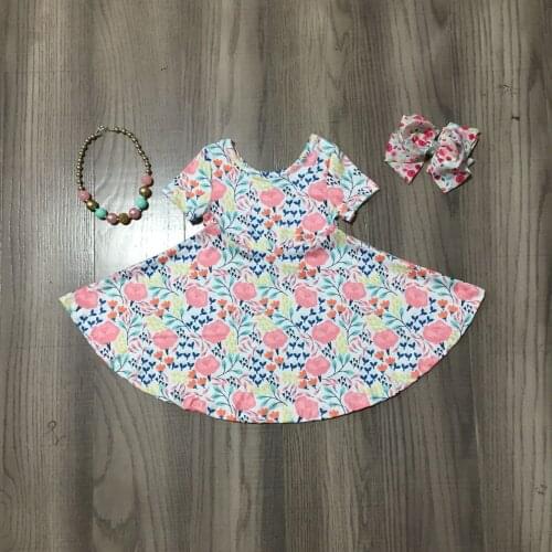 Summer Baby Girls Clothes Floral Print Twirl Milk Silk Dress with Bow and Necklace