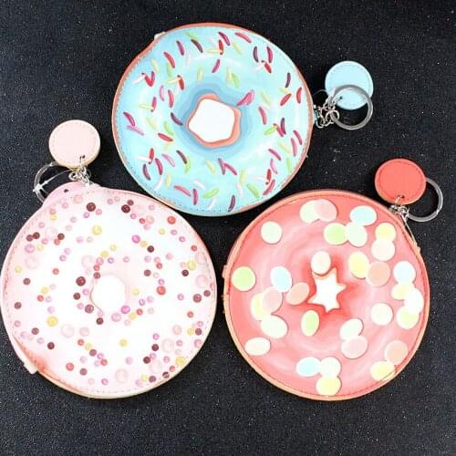 M284 2018 New Cute Women Purses Cartoon Doughnut Pattern Carry Small Change Coin Bag key Ring Mini Quality PU Fabric Bag