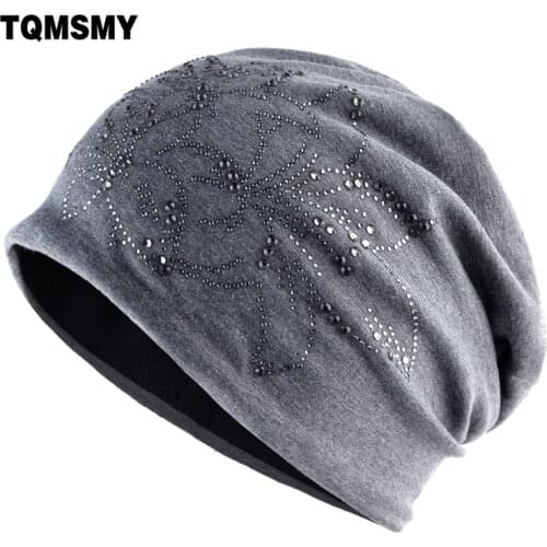 Fashion Rhinestone Flower Beanies Women Autumn Winter Solid Color Hats Ladies Casual Warm Bonnet Caps Female Skullies Gorros