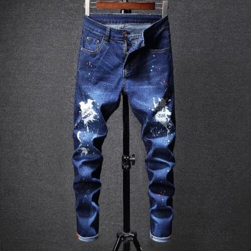 New Mens Dark Blue Jeans Artificial Paint Spraying Mens Pencil Pants Tight Stretch Denim Trousers Fashion Trendy Pants