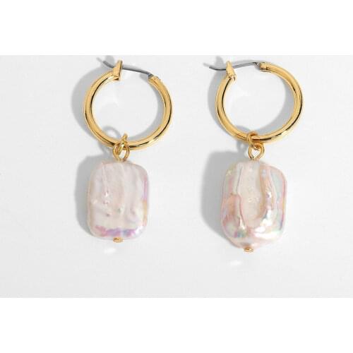 Rectangle Natural Freshwater Pearl Pendant Hoop Earrings For Women French Vintage Gold Circle Earrings Jewelry