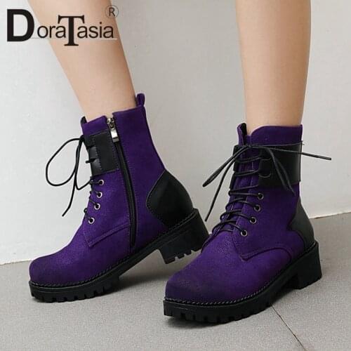 DORATASIA Retro Flock Female Round Toe shoelace Mid Calf Boots 2020 Platform Leisure Boots Women Med Heel Solid Shoes Woman