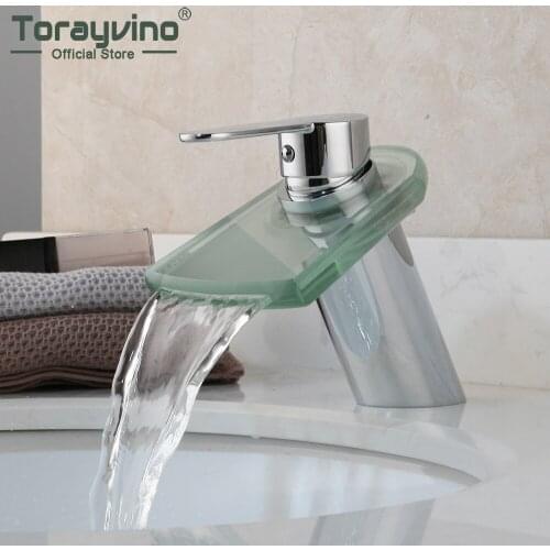 Torayvino Bathroom Faucet Transparent Glass Waterfall Chrome Polished Deck Mounted Sink Vessel Faucet Hot And Cold Mixer Tap