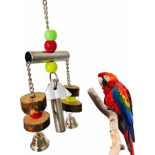 Creative Parrot Wood Parakeet Plastic Hanging Swing Bell Toy Bird Perch Bar Colorful Beads Cage Decor Rotatable Fantasy Pendant