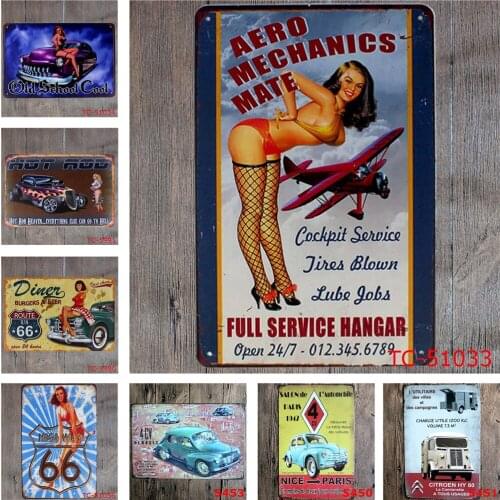 Vintage Metal Signs Aero Mechanics Mate Airplane Full Service Hangar Hot Rod Route 66 Car Garage Personalized Metal Decorative