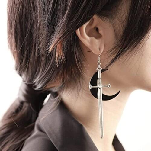 Vintage Black Moon and Sword Pendants Hoop Earrings Jewelry Dangle Earring Jewelry for Women Fashion Ear Embellishments