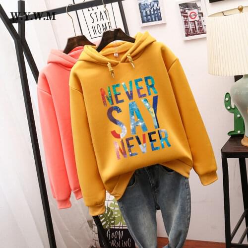 WYWM Soft Warm Women Sweatshirts 2021 New Fleece Letter Print Ladies Harajuku Pullovers Hoodies Pocket Hooded Tops for Teens