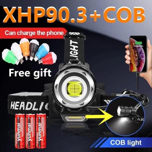XHP90.3+COB Headlamp USB Rechargeable Waterproof Head Lamp Fishing LED Headlight Flashlight Torch Portable Lantern 18650 light