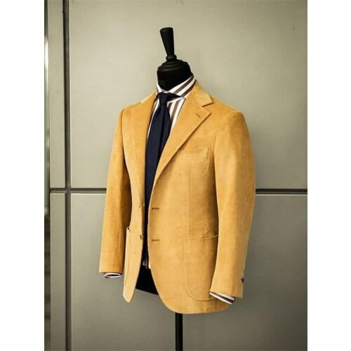 Yellow Mens Winter Corduroy Blazer Formal Singal Breasted V-Neck Suit Jacket Wedding Groomsman Wear For Men Size S-4XL