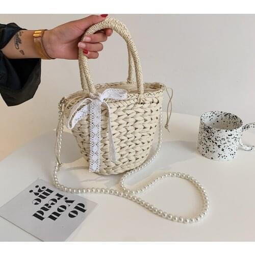 Beading Chain Summer Small Straw Shoulder Bags for Women Rattan Weave Travel Beach Bucket Bag Womens Fashion Crossbody Handbags