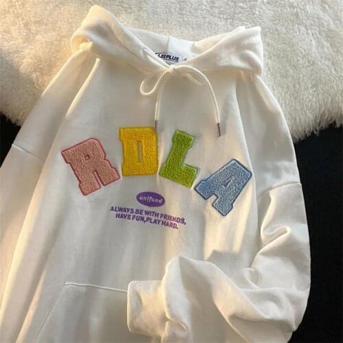High Street Korean Fashion Letters Embroidery Hoodies Sweatshirt Women Oversized Loog Sleeve Tops 2021 Autumn New Teens Clothes