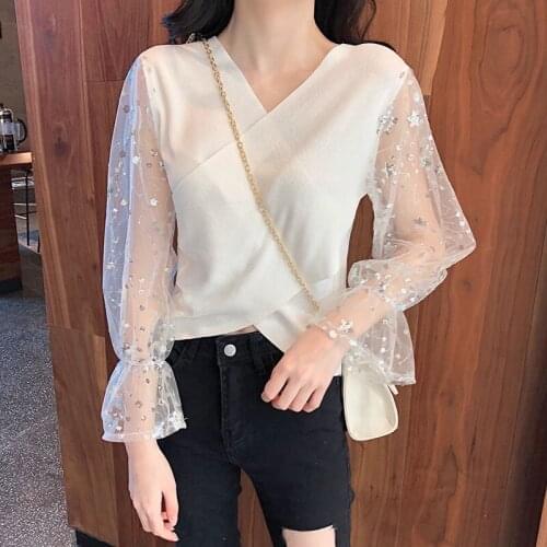 Women Knit Blouse Cross V-neck Splice Lace Mesh Trumpet Sleeves Tops Short Shirt