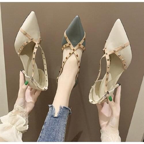 Spring and summer new retro stiletto buckle high heels fashion shallow mouth pointed rivets high heels ladies high heel sandals