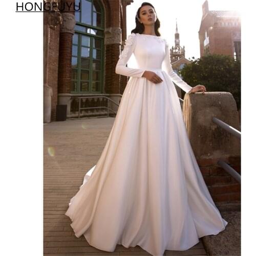 HONGFUYU Simple Satin A Line Wedding Dress 2022 Arabic Long Sleeves Bride Gowns 3D Flowers Sequined robe de mariée Wedding Gowns