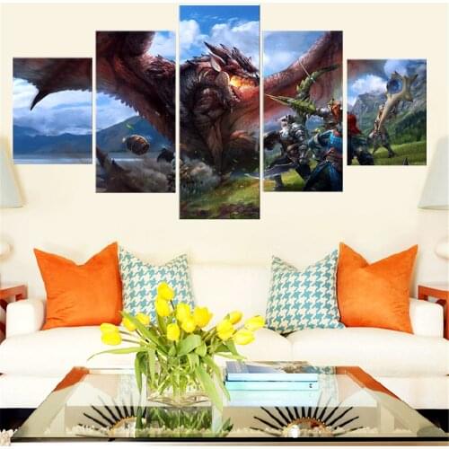 5 Panel Canvas Art Wall Decor Landscape A Group of People Are Fighting Dragon Poster Modern Home Decor Living Room Pictures