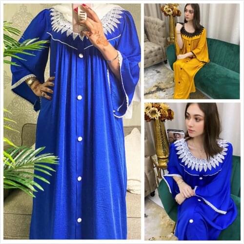 AB031 Yellow Blue Women Leisure Maxi Dresses Female Lace Turkey Robe Clothes 2021 Long Flared Sleeve Loose Fit Plus Size Jalabiy