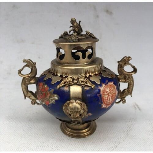 Antique QingDynasty Handmade silver & porcelain pot / censer,Exquisite carving,Hand-painted crafts,best collection& adornment