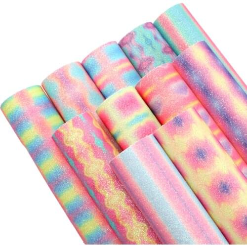 Shimmer Fine Glitter Faux Leather Sheets Geometric Striped Plaid Printed Synthetic Leather Fabric 20x33cm for DIY Earrings Bows