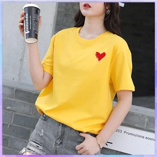 Oversized Cotton T-Shirt Womens Tee Shirt Heart Print Casual White Top Short-Sleeved Blusas Student Plus Size Tops Summer 2021