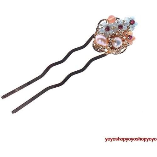 China JIANGNAN vintage nature jade bead hairgrips "U"hairpins sticks hanfu kimono cosplay Chinese accessories
