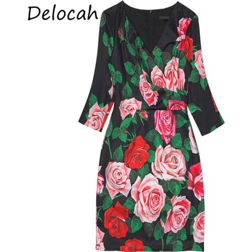 Delocah Women Summer Fashion Designer Party Midi Dress 3/4 Sleeve Rose Floral Print High Waist Ladies Pencil Dresses vestidos