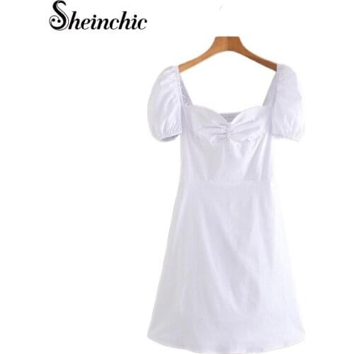 Casual White Puff Sleeve Mini Dresses for Women 2021 Summer Fashion Elegant Mini Woman Dress