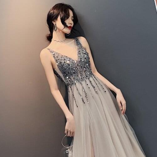Sexy backless V-neck beaded sequin evening dress long wedding dinner annual party birthday party dress A023