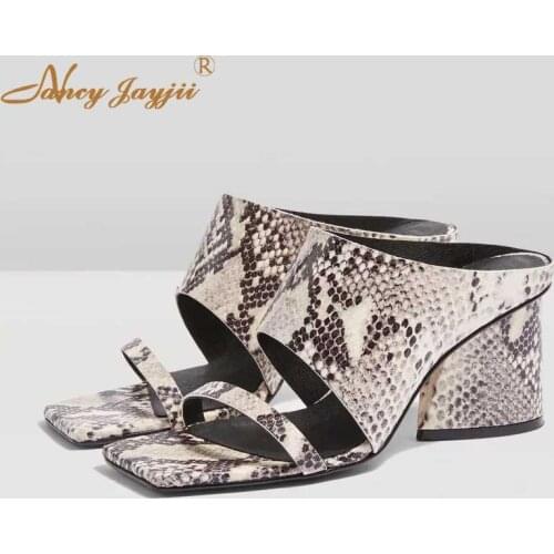 Snake Print Slides 3 Inch Block Heels Wide Vamp Strap Summer Slippers Formal Slip On Leisure Outside Square Toe Women Shoes 2019