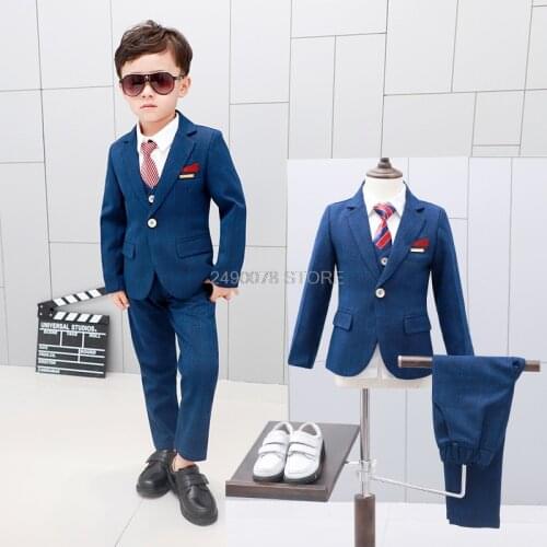 Flower Boys Formal Wedding Suit Kids Jacket Vest Pants Bowtie 4Pcs Tuxedo Dress Clothing Set Children Performance Party Costume