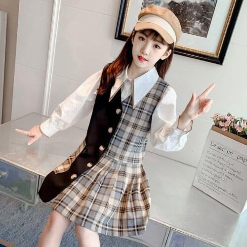 Foreign trade childrens suits, girls' suits, autumn and autumn new style shirts, stitching plaid skirts, little girls' skirts
