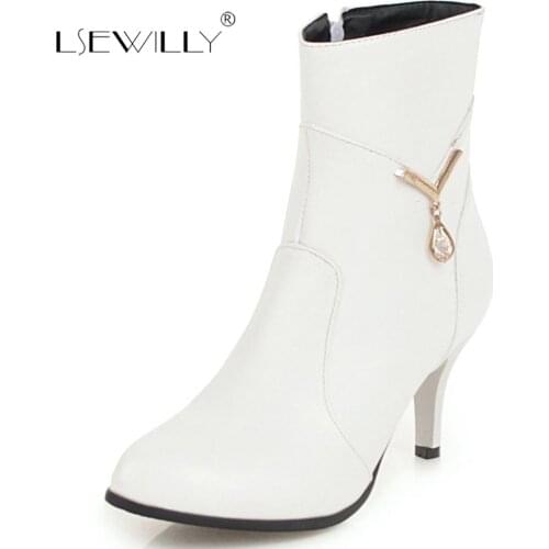 Lsewilly Women Boots Shoes Pointed Toe Zipper Ankle Boots Thin High Heels Short Plush Winter Shoes Woman Plus Size 32-48 S804