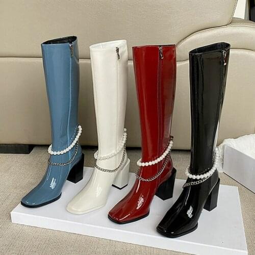 Genuine Leather High Quality Women Knee High Boots Fashion Square Toe Women Thick High Heel Boots Side Zipper Womens Shoes